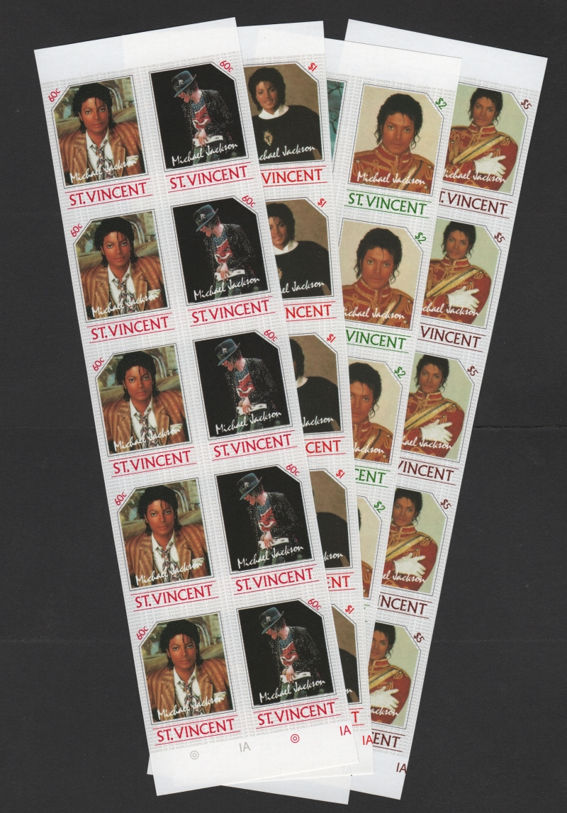 Saint Vincent 1985 Michael Jackson Imperforate Stamp Forgeries in Strips of Five sold by balticamber2011