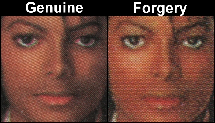 Saint Vincent 1985 Michael Jackson Forgery with Genuine Screen and Color Comparison of Left 60c Stamp