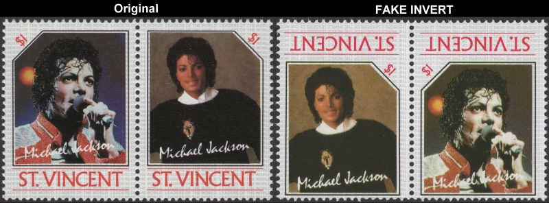 Saint Vincent 1985 Michael Jackson Invert Error Forgery with Genuine $1 Stamp Comparison