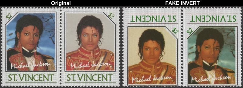 Saint Vincent 1985 Michael Jackson Invert Error Forgery with Genuine $2 Stamp Comparison