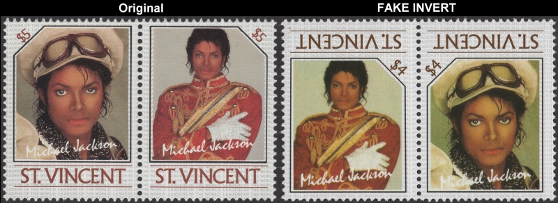 Saint Vincent 1985 Michael Jackson Invert Error Forgery with Genuine $5 Stamp Comparison