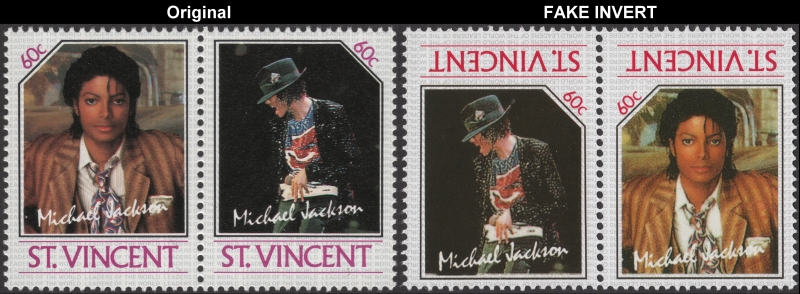 Saint Vincent 1985 Michael Jackson Invert Error Forgery with Genuine 60c Stamp Comparison