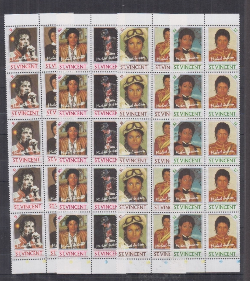 Saint Vincent 1985 Michael Jackson Stamp Forgeries in Strips of Five sold by balticamber2011
