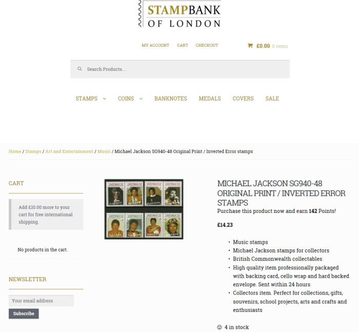 Stampbank of London False Advertising on Personal Website