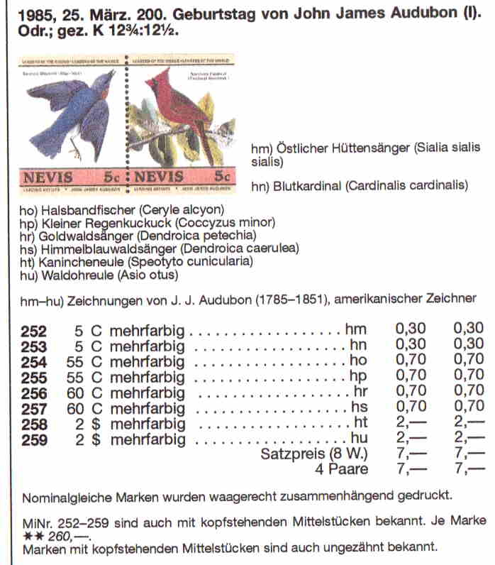 Page of the Michel Caribbean Islands Bogus Catalog listing the Nevis 1985 Audubon Birds Invert forgeries