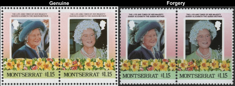 Montserrat 1985 Leaders of the World Queen Elizabeth 85th Birthday $1.15 Forgery Stamp Pair with Genuine Stamp Pair Comparison
