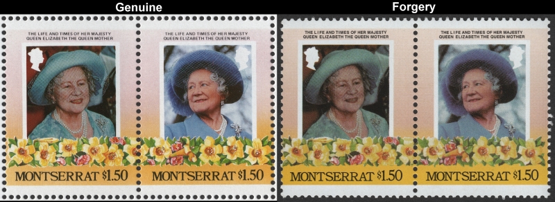 Montserrat 1985 Leaders of the World Queen Elizabeth 85th Birthday $1.50 Forgery Stamp Pair with Genuine Stamp Pair Comparison