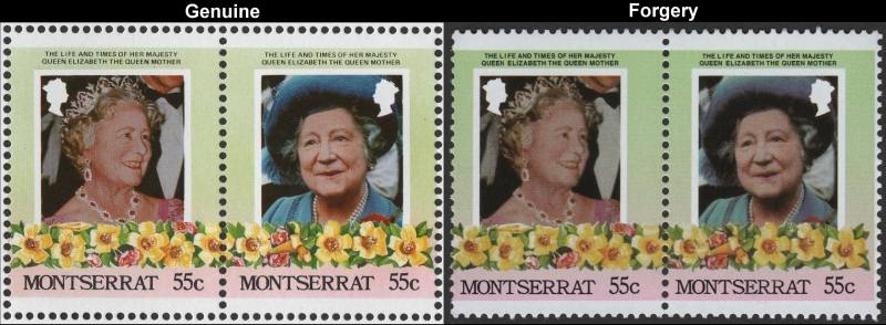 Montserrat 1985 Leaders of the World Queen Elizabeth 85th Birthday 55c Forgery Stamp Pair with Genuine Stamp Pair Comparison