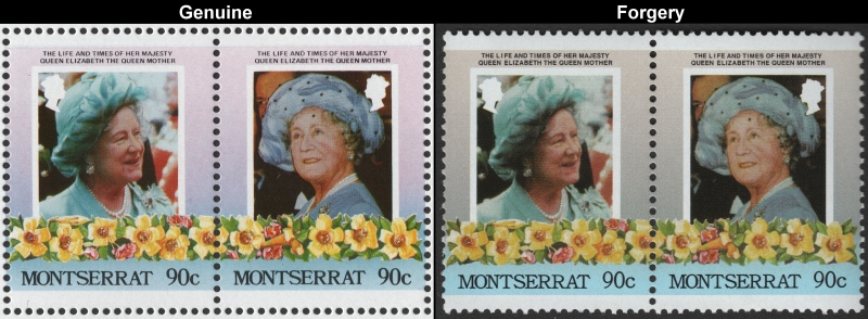 Montserrat 1985 Leaders of the World Queen Elizabeth 85th Birthday 90c Forgery Stamp Pair with Genuine Stamp Pair Comparison