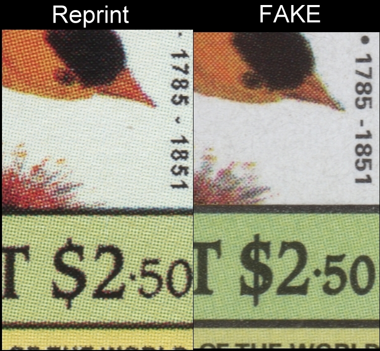 Montserrat 1985 Leaders of the World Audubon Birds Forgery with Unauthorized Reprint Screen and Color Comparison