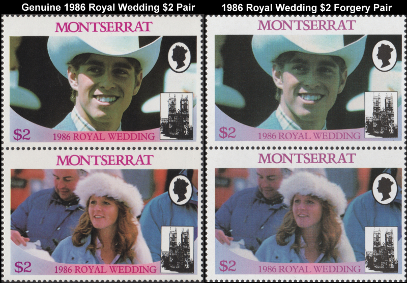 Montserrat 1986 Royal Wedding Fake with Original $2 Stamp Pair Comparison