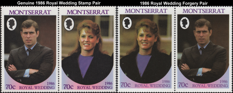 Montserrat 1986 Royal Wedding Fake with Original 70c Stamp Pair Comparison