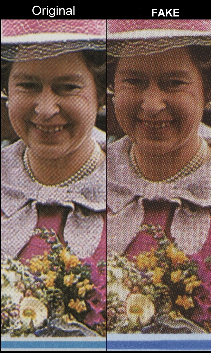 1986 60th Birthday of Queen Elizabeth Fake with Original Souvenir Sheet Image Screen and Color Comparison