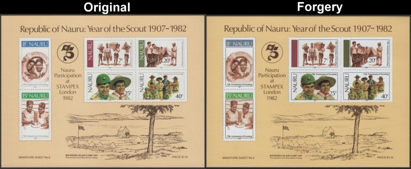 Nauru 1982 Scouting Year Fake with Original Souvenir Sheet Comparison
