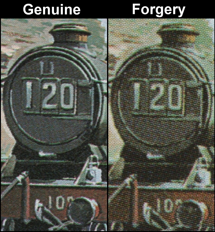 Nevis 1983 Locomotives 55c Forgery with Genuine Screen and Color Comparison of the Front of the County of Oxford Engine