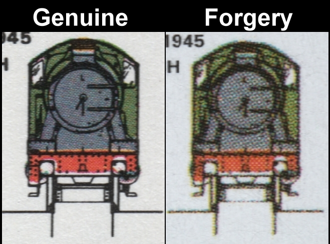 Nevis 1983 Locomotives 55c Forgery with Genuine Comparison of the Front of the Engine on the Detail Drawing