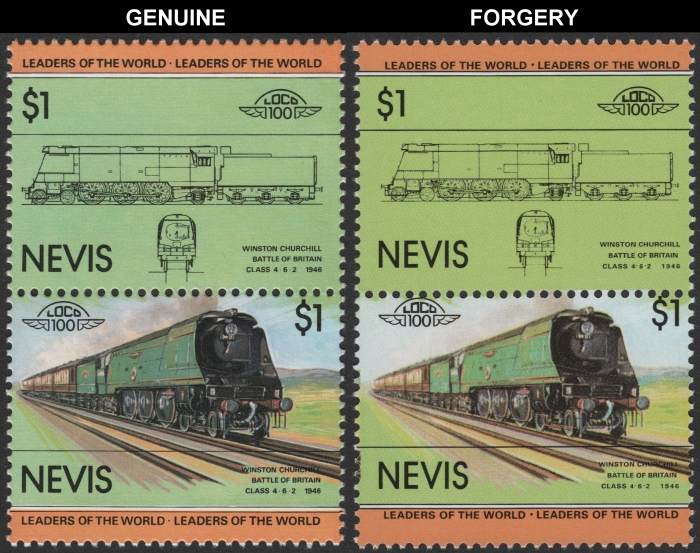 Nevis 1983 Locomotives Battle of Britain Class Forgery with Genuine $1 Stamp Comparison
