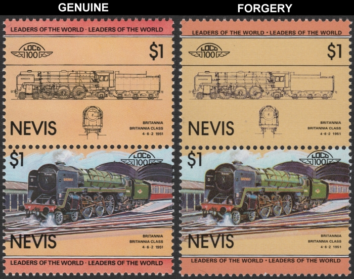 Nevis 1983 Locomotives Britannia Class Forgery with Genuine $1 Stamp Comparison