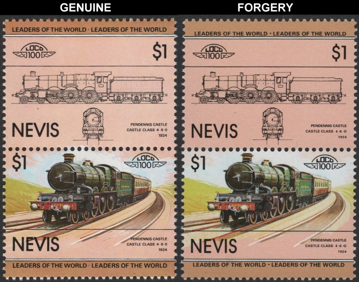 Nevis 1983 Locomotives Castle Class Forgery with Genuine $1 Stamp Comparison