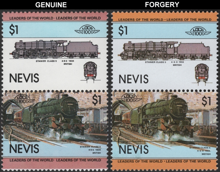 Nevis 1983 Locomotives Class 5 Forgery with Genuine $1 Stamp Comparison