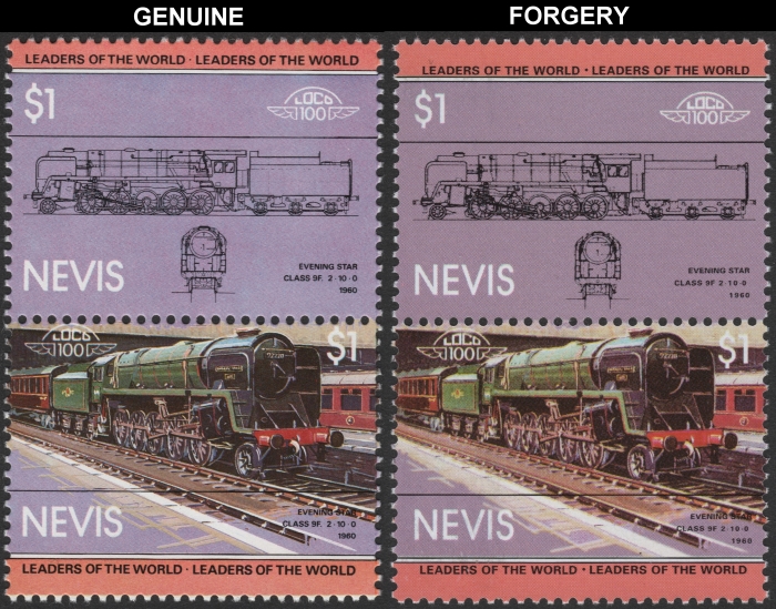 Nevis 1983 Locomotives Class 9F Forgery with Genuine $1 Stamp Comparison