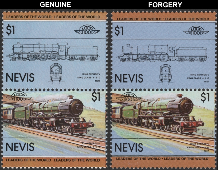 Nevis 1983 Locomotives King Class Forgery with Genuine $1 Stamp Comparison