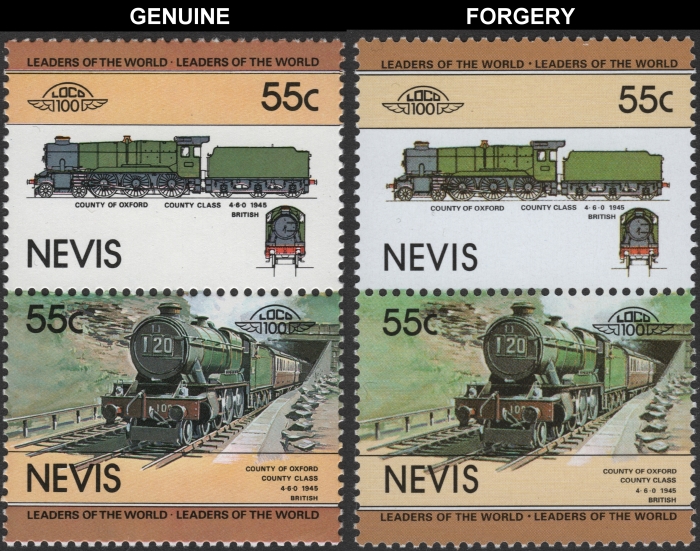 Nevis 1983 Locomotives County Class Forgery with Genuine 55c Stamp Comparison