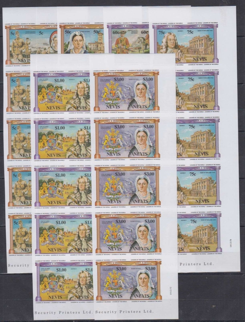 Nevis 1984 Leaders of the World British Monarchs Imperforate Stamp Strip Forgery Set Sold on eBay