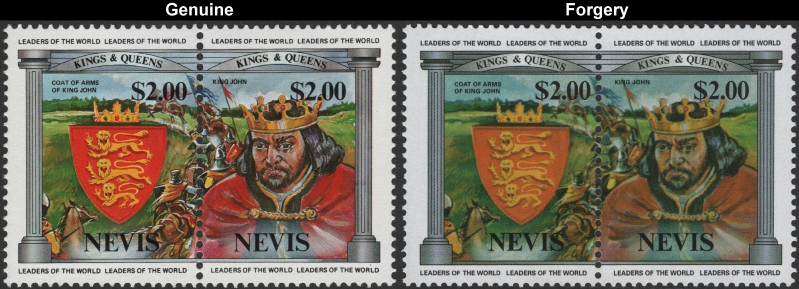 Nevis 1984 British Monarchs $2.00 King John and his Coat of Arms Forgery with Genuine $2.00 Stamp Comparison