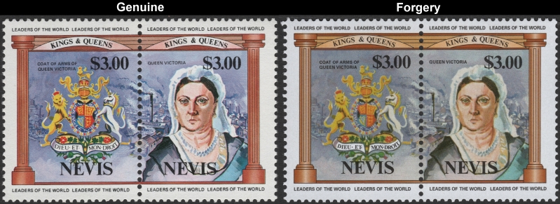 Nevis 1984 British Monarchs $3.00 Queen Victoria and her Coat of Arms Forgery with Genuine $3.00 Stamp Comparison