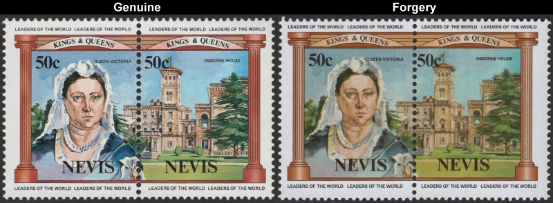 Nevis 1984 British Monarchs 50c Queen Victoria and Osborne House Forgery with Genuine 50c Stamp Comparison