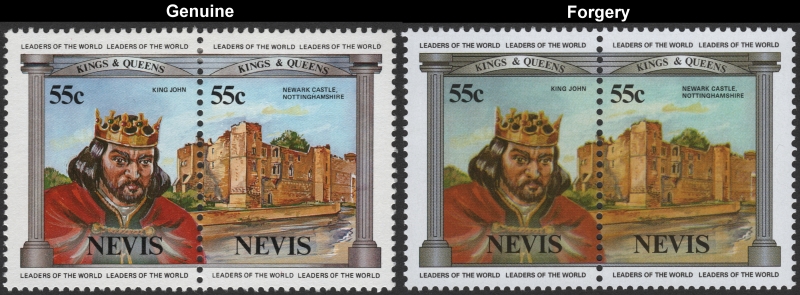 Nevis 1984 British Monarchs 55c King John and Newark Castle in Nottinghampshire Forgery with Genuine 55c Stamp Comparison
