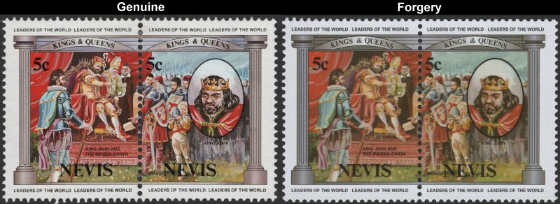 Nevis 1984 British Monarchs 5c King John and the Magna Carta Forgery with Genuine 5c Stamp Comparison