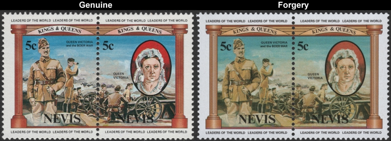 Nevis 1984 British Monarchs 5c Queen Victoria and the Boer War Forgery with Genuine 5c Stamp Comparison