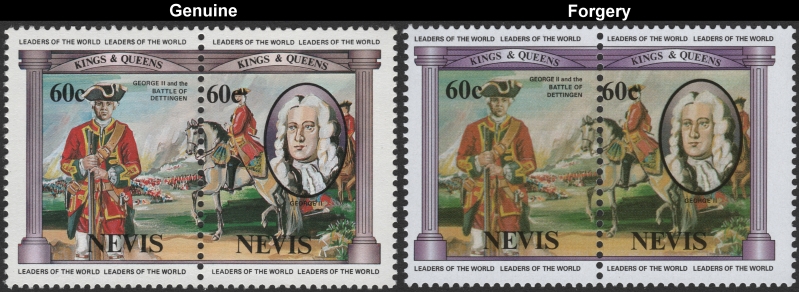 Nevis 1984 British Monarchs 60c King George II and the Battle of Dettington Forgery with Genuine 60c Stamp Comparison