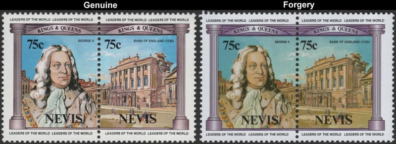 Nevis 1984 British Monarchs 75c King George II and the Bank of England Forgery with Genuine 75c Stamp Comparison