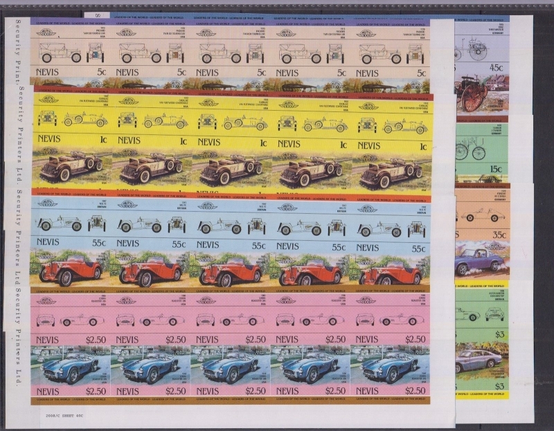Nevis 1984 Leaders of the World Automobiles 1st Series Imperforate Forgery Strips of Five Set