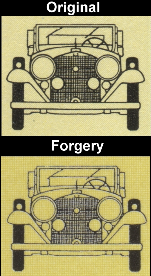 Nevis 1984 Automobiles 1c Fake with Original Comparison of the Car Front on the Detail Drawing