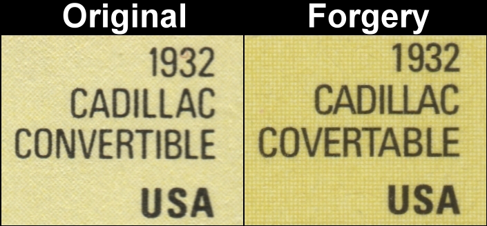 Nevis 1984 Automobiles 1c Fake with Original Comparison of the Fonts