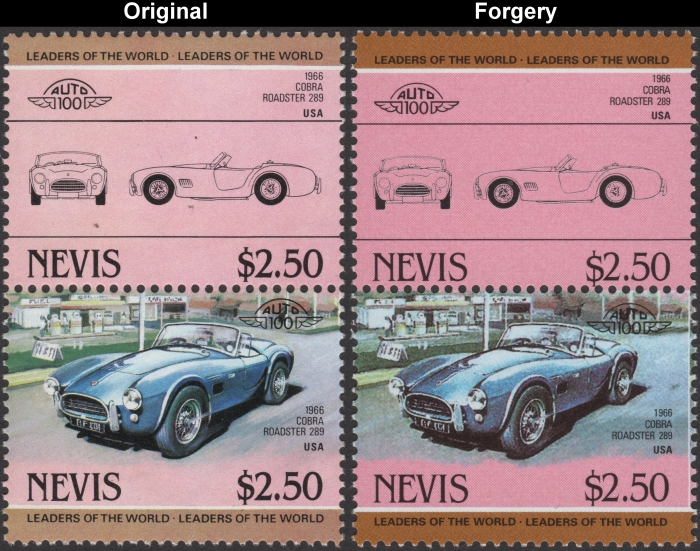 Nevis 1984 Automobiles Cobra Fake with Original $2.50 Stamp Comparison