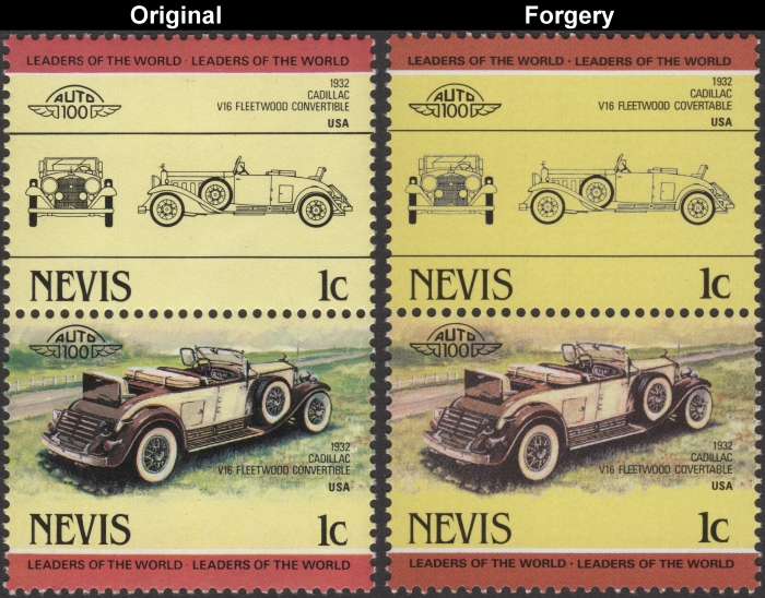 Nevis 1984 Automobiles Cadillac Fake with Original 1c Stamp Comparison