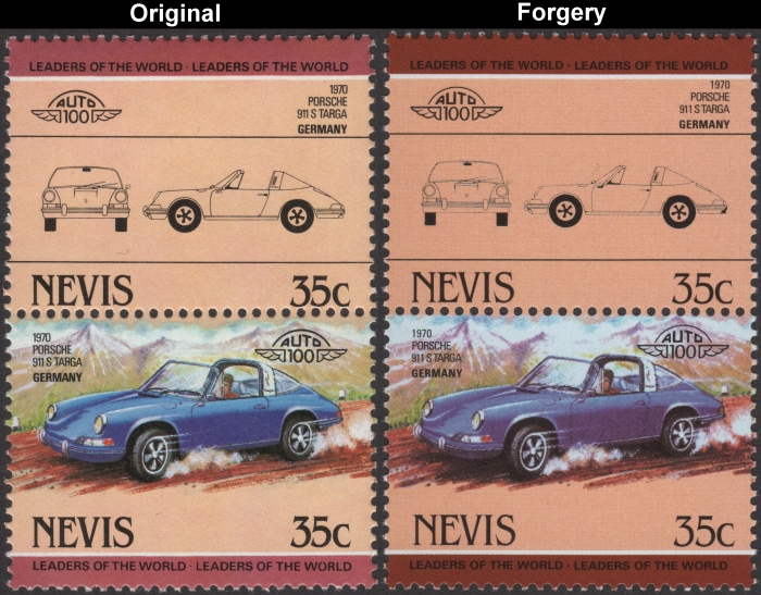 Nevis 1984 Automobiles Porsche Fake with Original 35c Stamp Comparison