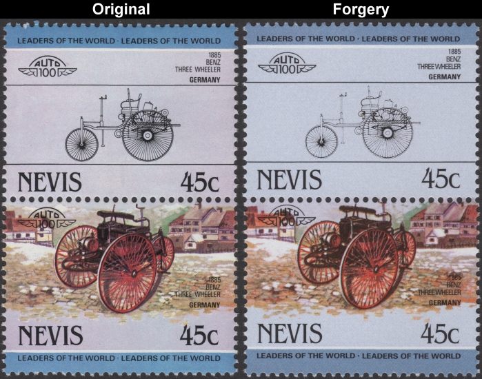 Nevis 1984 Automobiles Benz Fake with Original 45c Stamp Comparison
