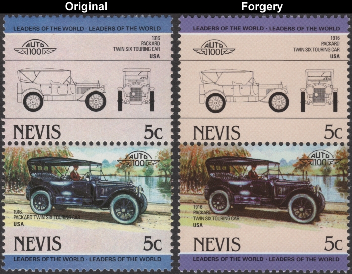 Nevis 1984 Automobiles Packard Fake with Original 5c Stamp Comparison