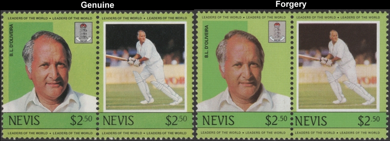 Nevis 1984 Cricket Players B.L. D'Oliveira Fake with Original $2.50 Stamp Comparison