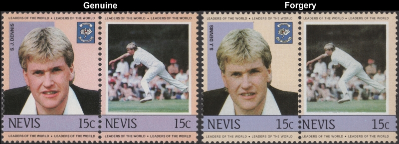 Nevis 1984 Cricket Players S.J. Dennis Fake with Original 15c Stamp Comparison