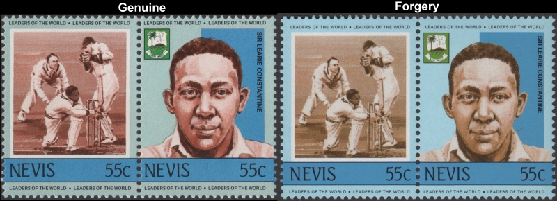 Nevis 1984 Cricket Players Sir Learie Constantine Fake with Original 55c Stamp Comparison