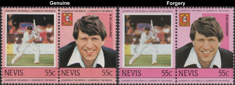 Nevis 1984 Cricket Players B.W. Luckhurst Fake with Original 55c Stamp Comparison