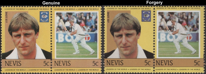 Nevis 1984 Cricket Players J.D. Love Fake with Original 5c Stamp Comparison