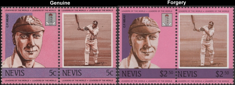 Nevis 1984 Cricket Players C.P. Mead Fake $2.50 with Original 5c Stamp Comparison